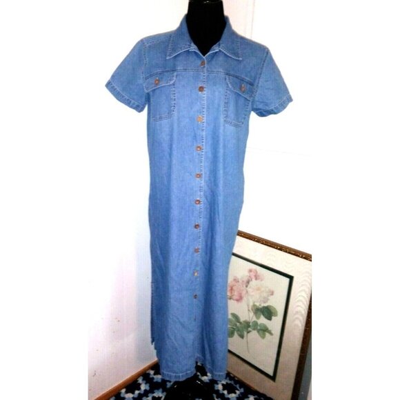 Denim Jumper Dress Maxi dress PL/L Collar Button front Pockets Blue short sleeve - Picture 1 of 6